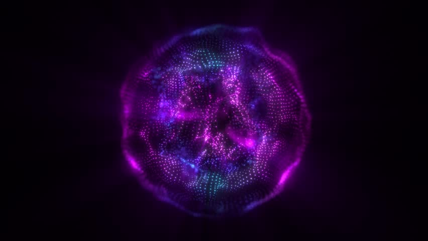 Abstract round sphere of shiny pink and blue particles of magical glow on a dark background, energy ball of bright dots, movement of a spherical ball. Seamless looping 4k video	