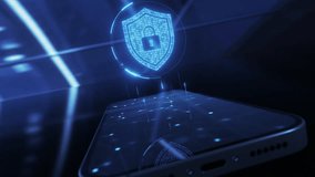 Cybersecurity shield icon hologram and smartphone. Data protection and privacy or antivirus concept. Finance data or VPN service protection. Blockchain and secure crypto wallet mobile app - Powered by Shutterstock - Get 15% off with code: PIKWIZARD15