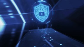 Cybersecurity shield icon hologram and smartphone. Data protection and privacy or antivirus concept. Finance data or VPN service protection. Blockchain and secure crypto wallet mobile app - Powered by Shutterstock - Get 15% off with code: PIKWIZARD15