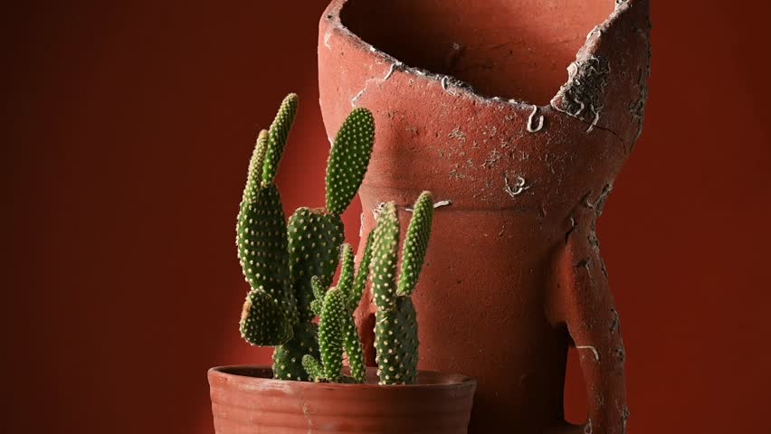 Close up of a green cactus planted in a ceramic pot. Concept of botany, home interior, succulents and cactaceae growth
