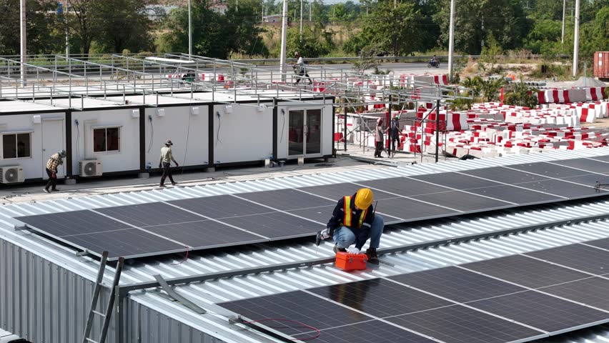 Technician installing solar panels on a rooftop, demonstrating renewable energy solutions for sustainable development, clean energy, and eco-friendly technology in modern infrastructure
