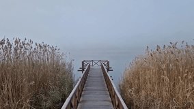 Wooden dock extending into a foggy lake, flanked by tall, dry reeds. Serene and atmospheric scene with the mist creating a sense of calm and mystery - Powered by Shutterstock - Get 15% off with code: PIKWIZARD15