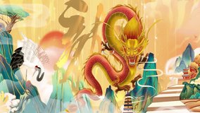 Mysterious dragon landscape China's traditional Oriental Digital Art animation, Chinese retro painting ink misty mountain with flowers, tree, birds river in fog background. China Japan scenery artwork - Powered by Shutterstock - Get 15% off with code: PIKWIZARD15