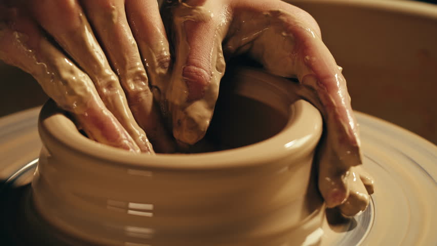 Woman potter works with clay on master class in studio. Working process in ceramic workshop. Potter making vase on pottery wheel. Handmade concept. 