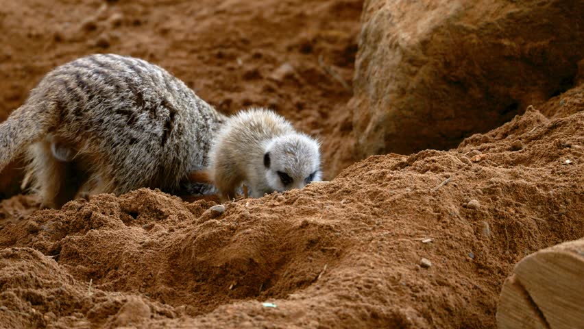 a cute little baby animal, a meerkat, walks around uncertainly and then gets up.