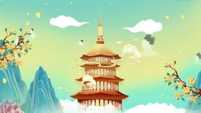 Mysterious landscape China's traditional Oriental Digital Art animation, Chinese retro painting ink misty mountain with flowers, tree, birds, river in fog background. China Japan scenery artwork - Powered by Shutterstock - Get 15% off with code: PIKWIZARD15