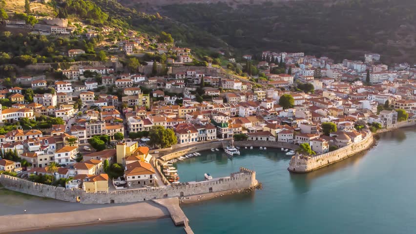 Nafpaktos Greece Old Town Aerial Panoramic View Animation, Old City Venetian Port