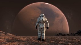 Astronaut in Spacesuit on Mars Planet in Space on Red Background. Spaceman Exploring Surface Mars in Expedition. 3d Animation Walking Man Cosmos Footage. Unrecognizable Cosmonaut Futuristic Journey 4k - Powered by Shutterstock - Get 15% off with code: PIKWIZARD15