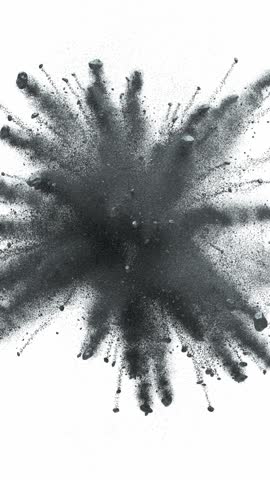 Black Explosion of Particles Powder Dust Animation White Background. Bright Coal Burst Colorful Paint in Slowmotion. Abstract 3d Graphic Exploding. Effect Blowup Stone. Wave Splash Backdrop Close-up