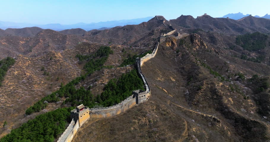 Jinshanling Great Wall Of China, Mountainous Landscape In Luanping County, Chengde, Beijing China. Aerial Shot