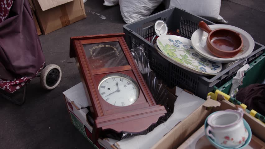 Vintage Household Items For Sale At Secondhand Market. High Angle Shot