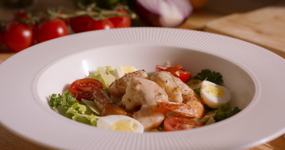 Rich Mediterranean Salad with Creamy Dressing Drizzle Showcasing Fresh Vegetables and Seafood, Vibrant Colors, and a Focus on Healthy Eating