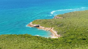 Vieques, Puerto Rico - An Expansive Vista of a Lush Green Landscape Extending to the Coastline, Showcasing Turquoise Waters - Aerial Pullback Shot - Powered by Shutterstock - Get 15% off with code: PIKWIZARD15