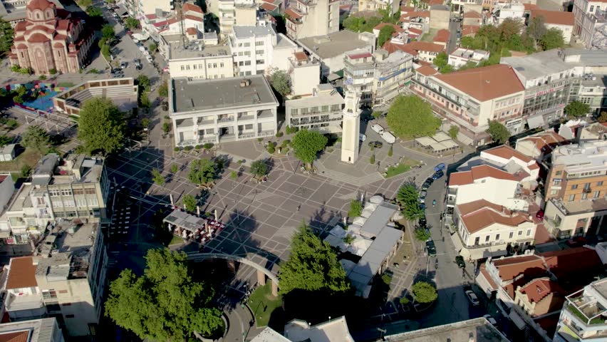 Xanthi City Center Clock Tower Square, Aerial Panoramic View, Point of Interest Shot, Thrace Greece