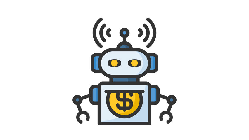 Animated robot advisor with robot and money sign. Suitable for finance, technology, blockchain, digital, connected, online, system, internet, big data, web, fintech, cyberspace and business