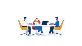 Multiracial team working together 2D characters animation. Corporate meeting cartoon 4K video, alpha channel. Colleagues with laptops at conference table animated person on white background - Powered by Shutterstock - Get 15% off with code: PIKWIZARD15
