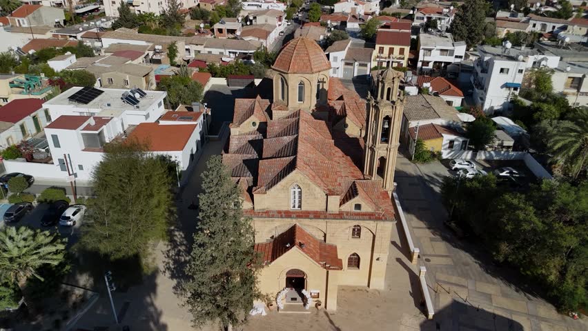 Church Of St. Barbara Kaimakliou In The Kaimakli Suburb Of Nicosia, Cyprus. Aerial Drone Shot