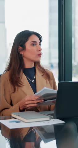 Meeting, documents and growth with business woman in office for research, paperwork or advice. Consultant, financial advisor and broker report with people in corporate firm for company revenue profit