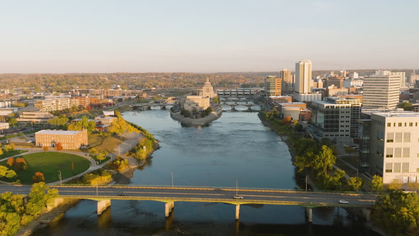 Cedar Rapids Iowa Sunrise Drone Push In To Veterans Memorial Building
