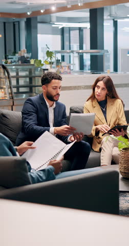 Discussion, meeting and business people with documents in office for feedback, review and planning for project. Professional, corporate and men and women for teamwork, research and collaboration