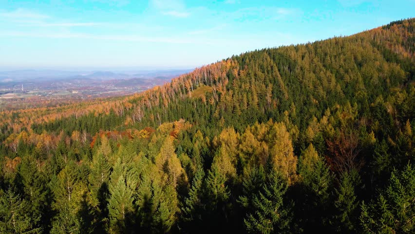 White Mountain National Forest fall foliage on Kancamagus Highway aerial view near Sugar Hill Scenic Vista, Town of Lincoln, New Hampshire NH, USA.