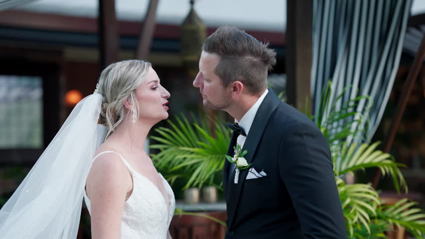 Romantic Kissing Bride And Groom On Wedding Day, 4K Resolution Slow Motion