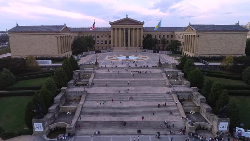 Philadelphia Museum of Art and Rocky Steps. People Are Sitting on the Stairs. Pennsylvania. Pennsylvania. Drone