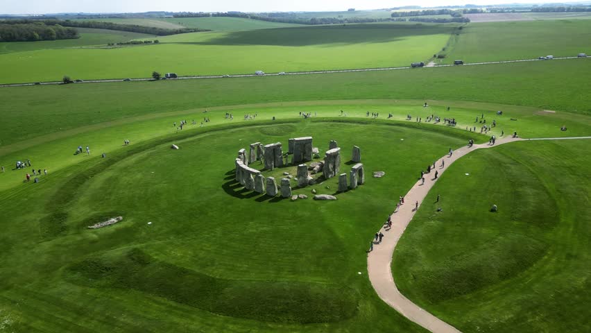 Drone view of Stonehenge and Wiltshire Countryside in England, UK. The stone circle dates to 3000 BC and is one of the best known ancient wonders of the world and UNESCO World Heritage Site.