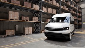 White delivery van inside an industrial warehouse with shelves of stacked cardboard boxes on pallets, with motion blur effect indicating speed. Logistics, transportation, and shipping concept - Powered by Shutterstock - Get 15% off with code: PIKWIZARD15