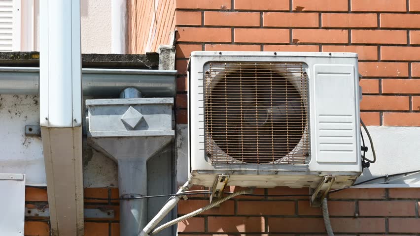 Old air conditioner device external unit mounted on building exterior wall, 4K with selective focus