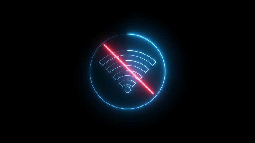 Glowing Neon No WiFi Symbol and No Internet Sign. No wireless wifi or sign for remote internet access..	