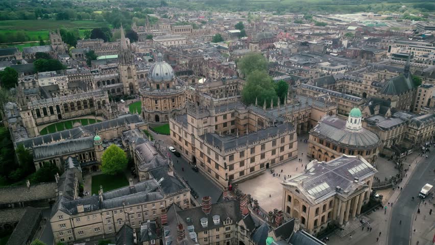 Oxford, United Kingdom. Aerial view of the College Library. Remarkable architecture of University campuses - view from above. High quality 4k footage