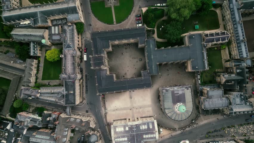 Oxford, United Kingdom. Aerial view of the College Library. Remarkable architecture of University campuses - view from above. High quality 4k footage