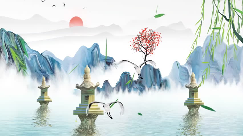 Daytime ancient traditional Chinese Japanese landscape ink Painting of beautiful calm trees, mountains, flowers, lake, water, birds, blue sky, boat, cherry blossoms season