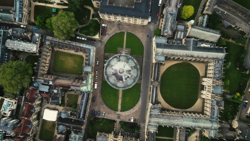 Oxford, United Kingdom. Aerial view of the College Library. Remarkable architecture of University campuses - view from above. High quality 4k footage