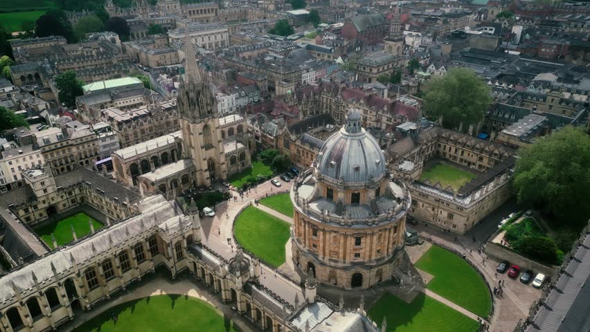 Oxford, United Kingdom. Aerial view of the College Library. Remarkable architecture of University campuses - view from above. High quality 4k footage