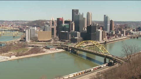 The downtown area including the skyline, bridges, and Point State Park at the confluence of the Allegheny and Monongahela Rivers in Pittsburgh, Pennsylvania.