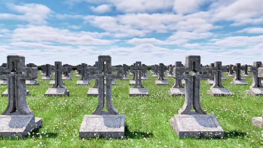 A camera moves past rows of unmarked, weathered headstone crosses, their graves overgrown with wild grass and daisies stretching as far as the eye can see.