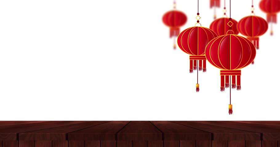 Festive white backdrop with hanging Chinese lanterns in top left corner and space for text or overlays