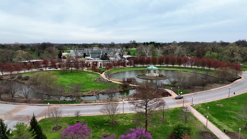 Drone view of park in St Louis, Missouri on a cloudy midwest day