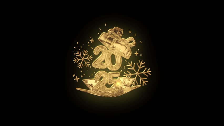 Gold 2025 Text With gift boxes, and snowflakes on a black background