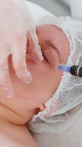 Peeling, woman face health care, skin regeneration, dermapen microneedling, dermastamp. Beautician cosmetologist doing eyes procedure fractional microneedle clinic mesotherapy. Facial rejuvenation