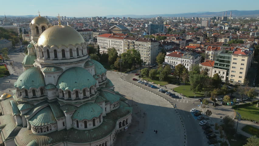 Alexander Nevsky Square And Cathedral As Drone Tracks Left In Sofia Bulgaria 4K 60FPS