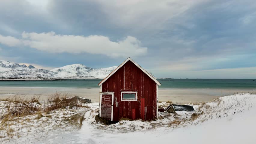 Norway Lofoten islands winter season snow covered landscapes aerial shot sunset colors