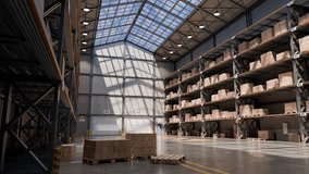 Spacious industrial warehouse interior with high shelves stacked with cardboard boxes and pallets, glass ceiling allowing natural light, and motion blur trails representing. Logistics, . - Powered by Shutterstock - Get 15% off with code: PIKWIZARD15