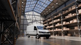 delivery van inside an industrial warehouse with shelves of stacked cardboard boxes on pallets, with motion blur effect indicating speed. Logistics, transportation, and shipping concept - Powered by Shutterstock - Get 15% off with code: PIKWIZARD15