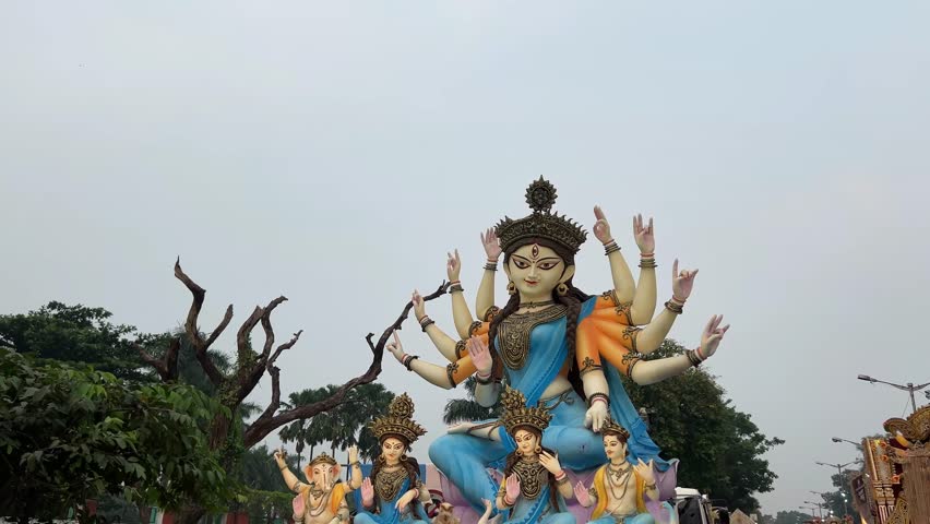 Devi Durga idol on truck to be headed towards carnival procession in Red Road of Kolkata, India.