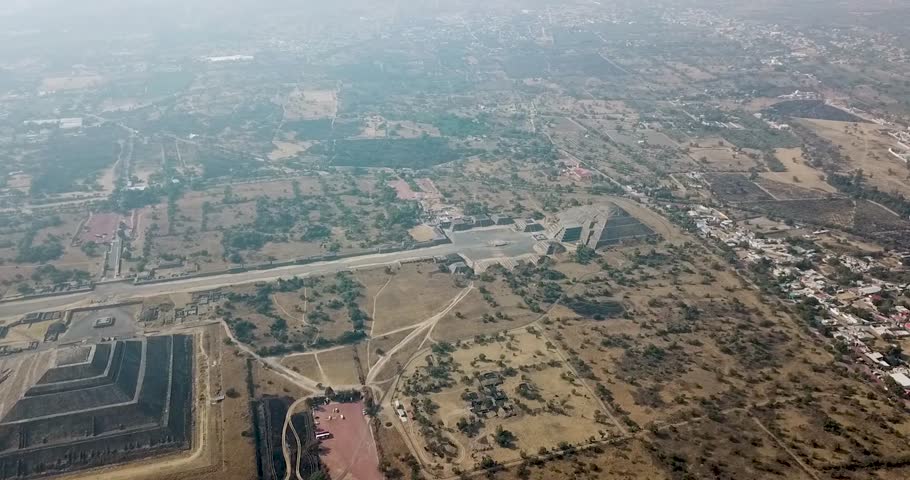High-altitude shot of the Teotihuacan archaeological site, on the outskirts of Mexico City, showcasing the Pyramid of the Sun, of the Moon, and the Avenue of the Dead. Important pre-Hispanic center
