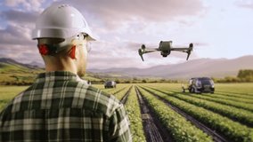 Farming Drone Inspection Over Agricultural Field With Safety Helmet Modern Technology Innovation Precision Agriculture Sustainable Farming - Powered by Shutterstock - Get 15% off with code: PIKWIZARD15