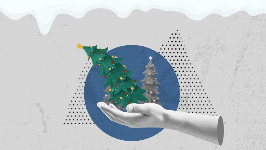 Collage christmas trees with hands. Trendy pop art designs for winter holidays. Collage art.